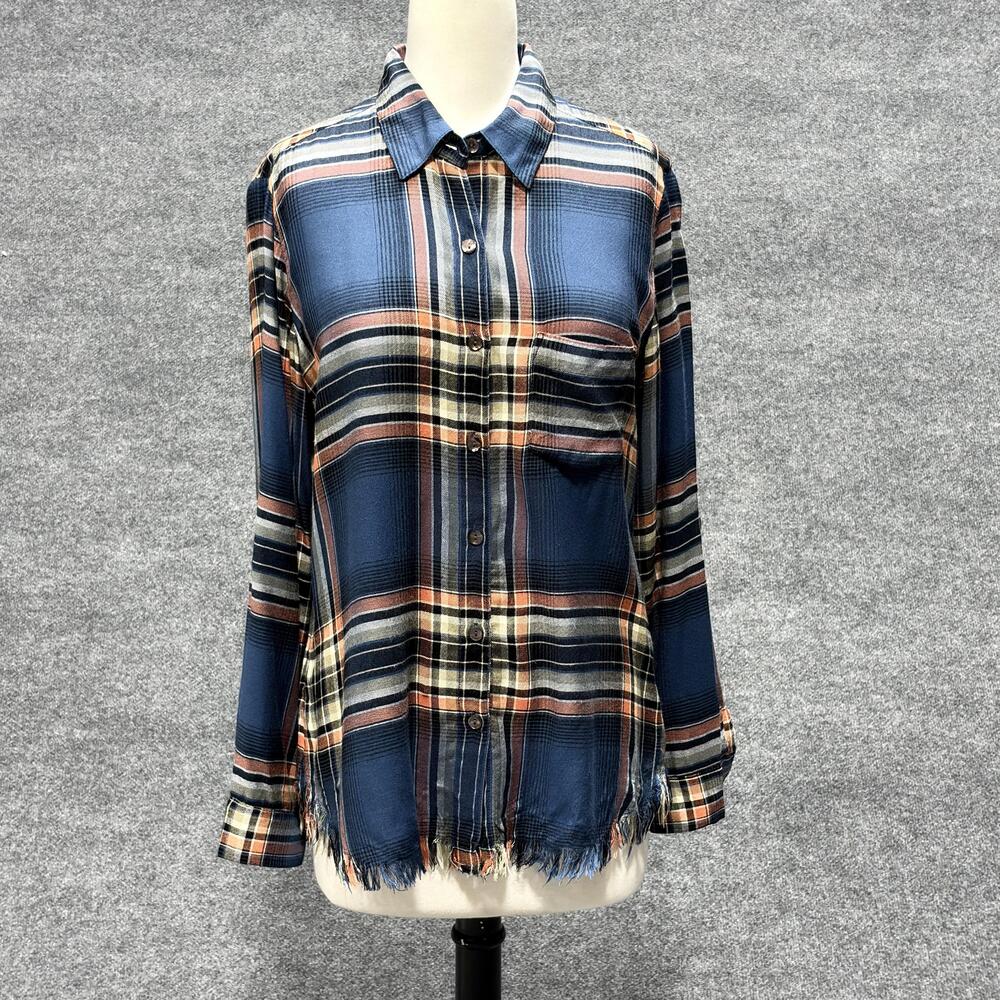 Karen Kane Shirt Womens Medium Blue Plaid Rayon Button Front Frayed Hem
